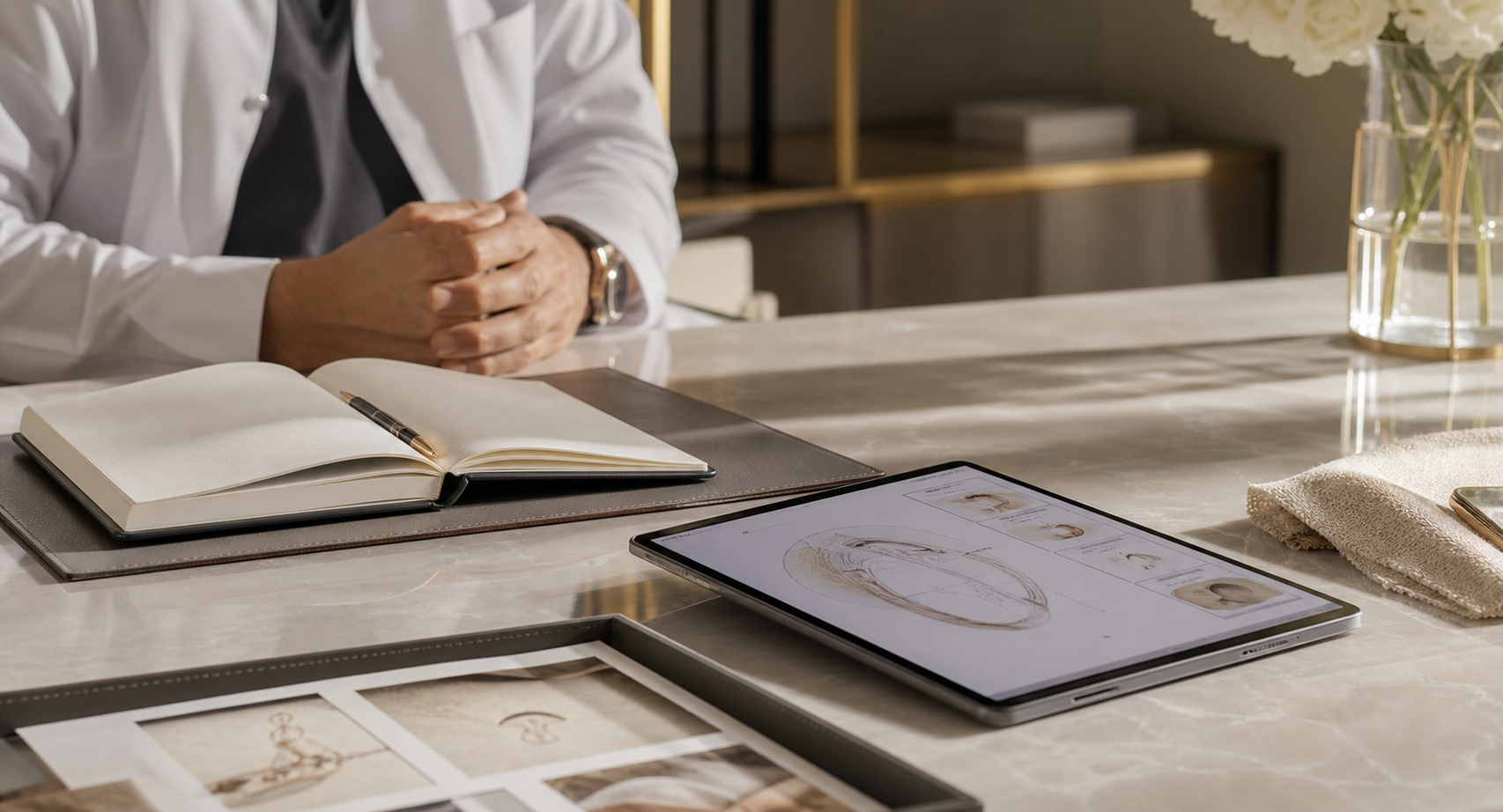 Tablet ve tıbbi notlarla premium klinik planlama masası
